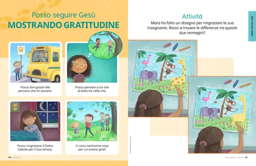 PDF della pagina raffigurante un bambino che saluta un autista di autobus, una bambina che pensa alle sue amiche, una bambina che prega e dei bambini nella natura; in più, un’attività del tipo “Trova le differenze”