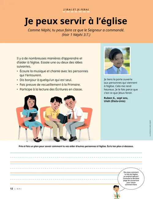 Fichier PDF : des enfants lisent les Écritures à la Primaire et des lignes pour une activité d’écriture