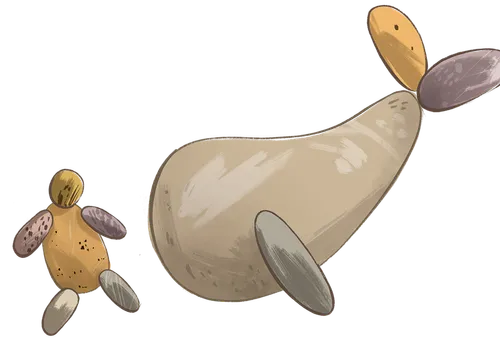 Spot illustrations.  1. Finger puppets from the biblical story of Daniel and the Lion's Den. Daniel, a couple of lions and an angel.  2. Photo of President Nelson at a pulpit.  3. Simple framed Old family photos. 4. Illustration of rock art of Daniel and whale.