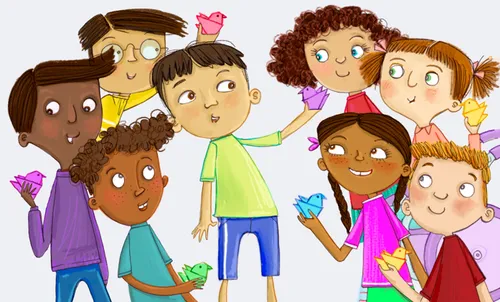 Panel 1: A young Japanese boy (Toshi) is setting origami figures out at a table. They are different colors. There are craft supplies. His dad is helping.  Panel 2: The table is done, Toshi is looking at it and Dad is walking toward the door.  Panel 3: Toshi and his dad are sitting at the table along with other children. A woman (Sister Morgan) is standing at the head of the table and speaking.  Panel 4: Toshi is speaking and holding up an origami bird/boat/illustrator’s choice. The children are smiling and holding versions of the same origami in different colors.  Panel 5: The children are divided into two groups at each end of the table. Each group is around a paper where they are drawing a frog together. Toshi is in a group, but he is watching and smiling.   Panel 6: Toshi is standing and stacking paper to make a tower. Two children are standing next to him ready to hand him another piece of paper  Panel 7: Still at the table, they are eating ice cream. There are many different kinds of candy and toppings.  Panel 8: Toshi and his dad are standing at the front door seeing the kids out. A few are walking out, smiling. One is talking to Toshi and his dad.  Panel 9: Toshi is speaking, Dad is smiling.  Activity Spot: Draw a frog illustration on the bottom right page, include dotted lines of pieces of the frog to show kids sections to draw.