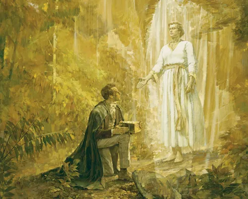 Joseph Smith holding the gold plates as he looks up at the angel Moroni