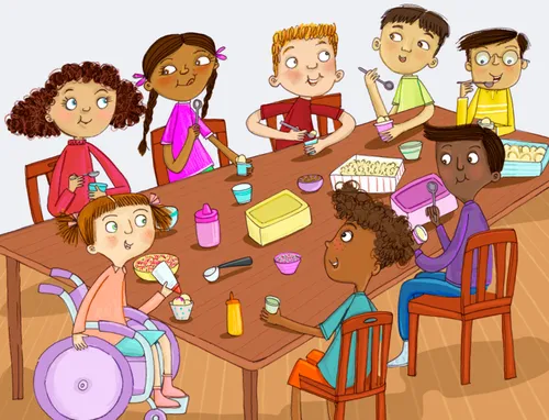 Panel 1: A young Japanese boy (Toshi) is setting origami figures out at a table. They are different colors. There are craft supplies. His dad is helping.  Panel 2: The table is done, Toshi is looking at it and Dad is walking toward the door.  Panel 3: Toshi and his dad are sitting at the table along with other children. A woman (Sister Morgan) is standing at the head of the table and speaking.  Panel 4: Toshi is speaking and holding up an origami bird/boat/illustrator’s choice. The children are smiling and holding versions of the same origami in different colors.  Panel 5: The children are divided into two groups at each end of the table. Each group is around a paper where they are drawing a frog together. Toshi is in a group, but he is watching and smiling.   Panel 6: Toshi is standing and stacking paper to make a tower. Two children are standing next to him ready to hand him another piece of paper  Panel 7: Still at the table, they are eating ice cream. There are many different kinds of candy and toppings.  Panel 8: Toshi and his dad are standing at the front door seeing the kids out. A few are walking out, smiling. One is talking to Toshi and his dad.  Panel 9: Toshi is speaking, Dad is smiling.  Activity Spot: Draw a frog illustration on the bottom right page, include dotted lines of pieces of the frog to show kids sections to draw.