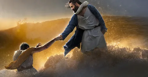 Painting of Jesus holding Peter by the hand amid raging waves.