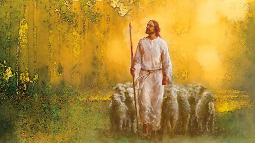 Jesus leading sheep