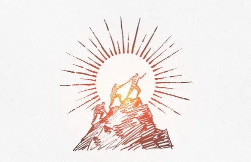 people helping each other up a mountain