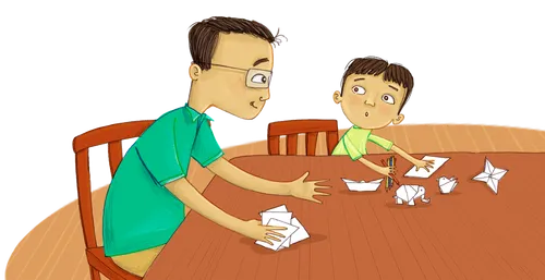 Panel 1: A young Japanese boy (Toshi) is setting origami figures out at a table. They are different colors. There are craft supplies. His dad is helping.  Panel 2: The table is done, Toshi is looking at it and Dad is walking toward the door.  Panel 3: Toshi and his dad are sitting at the table along with other children. A woman (Sister Morgan) is standing at the head of the table and speaking.  Panel 4: Toshi is speaking and holding up an origami bird/boat/illustrator’s choice. The children are smiling and holding versions of the same origami in different colors.  Panel 5: The children are divided into two groups at each end of the table. Each group is around a paper where they are drawing a frog together. Toshi is in a group, but he is watching and smiling.   Panel 6: Toshi is standing and stacking paper to make a tower. Two children are standing next to him ready to hand him another piece of paper  Panel 7: Still at the table, they are eating ice cream. There are many different kinds of candy and toppings.  Panel 8: Toshi and his dad are standing at the front door seeing the kids out. A few are walking out, smiling. One is talking to Toshi and his dad.  Panel 9: Toshi is speaking, Dad is smiling.  Activity Spot: Draw a frog illustration on the bottom right page, include dotted lines of pieces of the frog to show kids sections to draw.