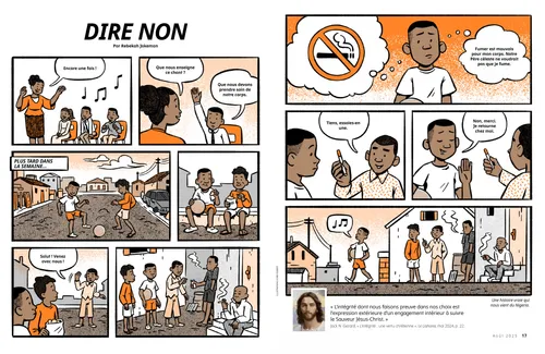 Page au format PDF d’une bande dessinée dans laquelle un garçon refuse de fumer, même lorsque ses camarades font pression sur lui