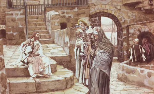 Jesus Christ sitting on a stone stair. He is holding a little boy on His lap. The little boy is resting his head on Christ's shoulder. Several men are standing in front of the stone stairway looking at Christ and the child.