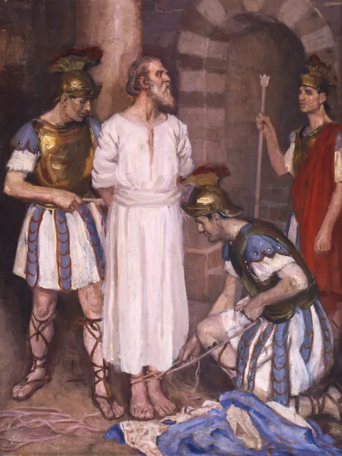 Paul being bound by Roman soldiers