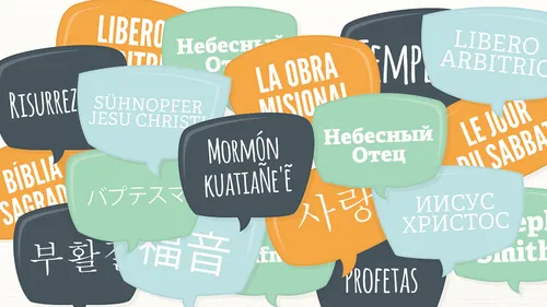 speech bubbles with Church words in many different languages