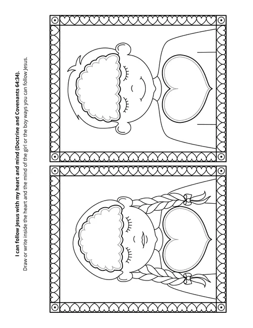 Line art illustration depicts a boy and girl with emphasis to follow Jesus with heart and mind.