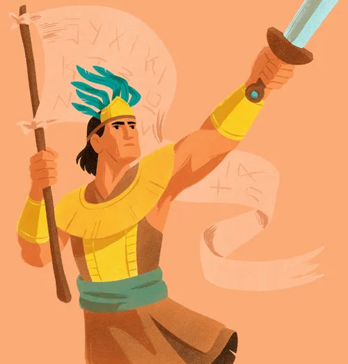 Captain Moroni holding up a sword and the title of liberty