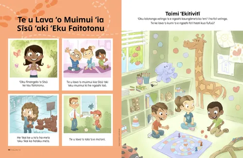 Peesi PDF ʻo ha kiʻi taʻahine malimali, ko ha fānau ʻe toko tolu ʻoku nau tangutu ʻi ha ʻū fala ʻo hiki honau nimá, ko ha kiʻi taʻahine ʻokú ne pukepuke ha kiʻi pea tamapua ʻi ha falekoloa, ko ha kiʻi tamasiʻi ʻoku vaʻinga peisipolo ofi ki ha matapā sioʻata ʻoku mafahi; kau ai mo ha ʻekitivitī ʻo e kumi haati ʻoku fufuuʻi