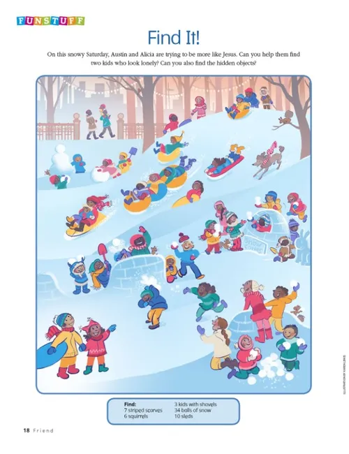 hidden picture activity of kids playing in snow