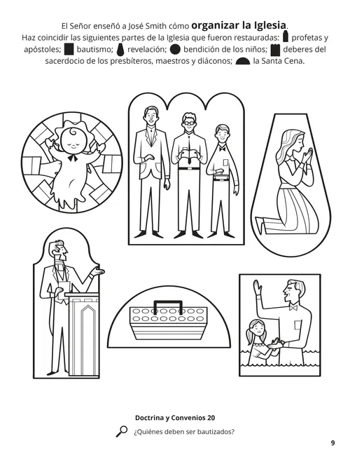 Página para colorear de la bendición de un bebé, un bautismo, una niña orando, poseedores del sacerdocio y la bandeja de la Santa Cena