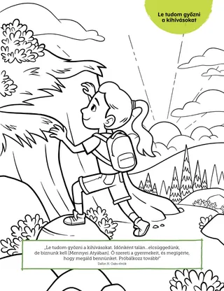 coloring page of girl hiking up mountain