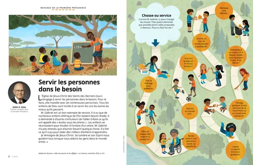Page au format PDF représentant un homme instruisant des enfants sous des arbres en Afrique de l’Est ; ainsi qu’un jeu de chasse au service