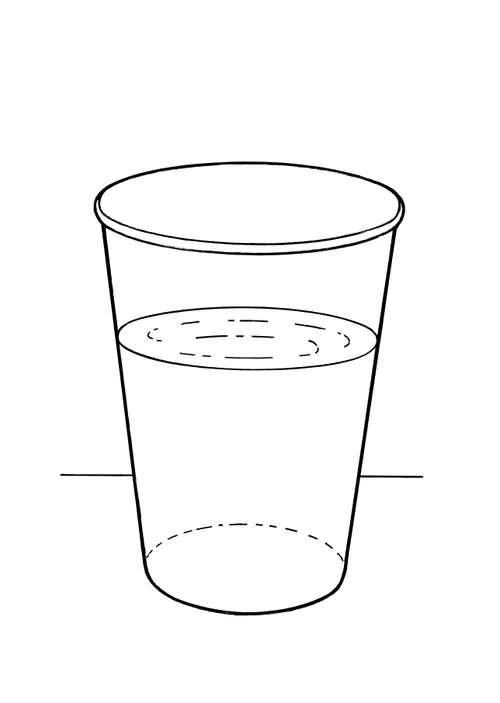 A black-and-white illustration of a glass two-thirds full of water sitting on a table or ledge.