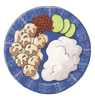 Swedish dish of meatballs, gravy, mashed potatoes, jam, and cucumbers.