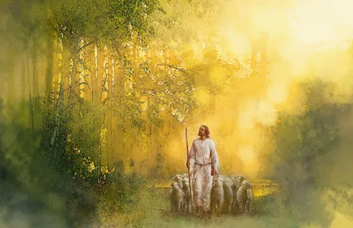 Illustration of Jesus as a shepherd with sheep following Him