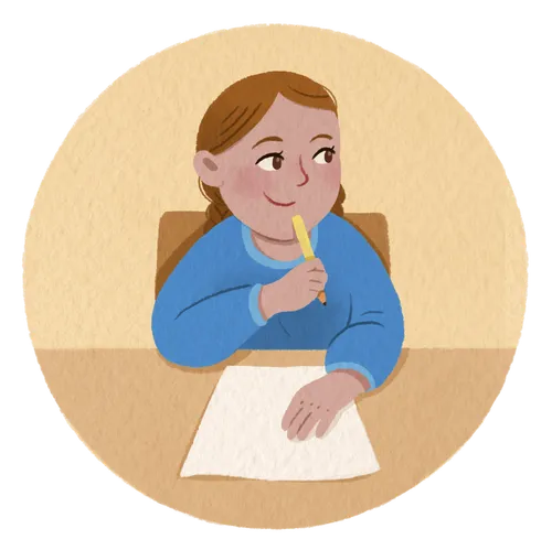 Smiling girl sitting at desk with pencil and paper