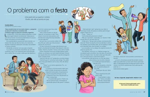 Página em PDF com ilustrações de uma menina com os amigos, sentada com seus pais, orando e comemorando com seus pais