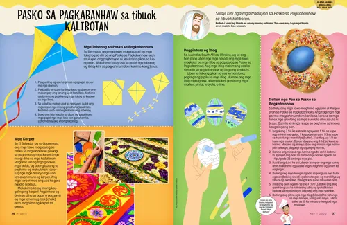 PDF nga pahina nga adunay mga paghulagway sa usa ka tabanog nga papel, mga banig nga napuno sa kolor, mga kamot nga nagpintal og mga itlog, ug Italian nga pan sa Pasko sa Pagkabanhaw