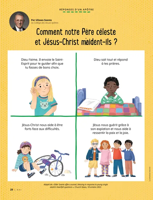 Page au format PDF sur laquelle on voit des enfants écoutant, priant, tombant de vélo et avec des amis