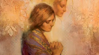 Woman and angels praying.