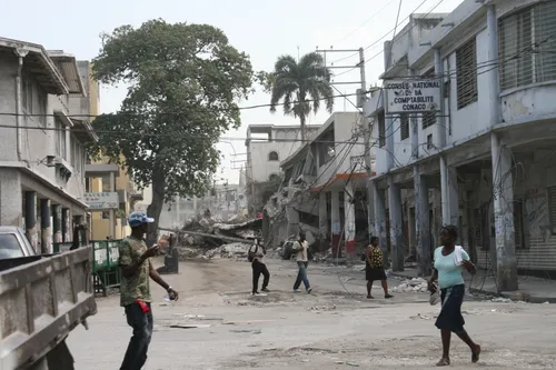 Screen capture from the program "Faith in Action."  A street in Haiti.  Episode 14: Aid to Haiti.