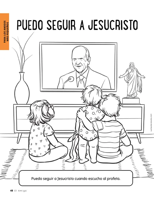 Página para colorear en PDF de niños mirando la conferencia general en la televisión