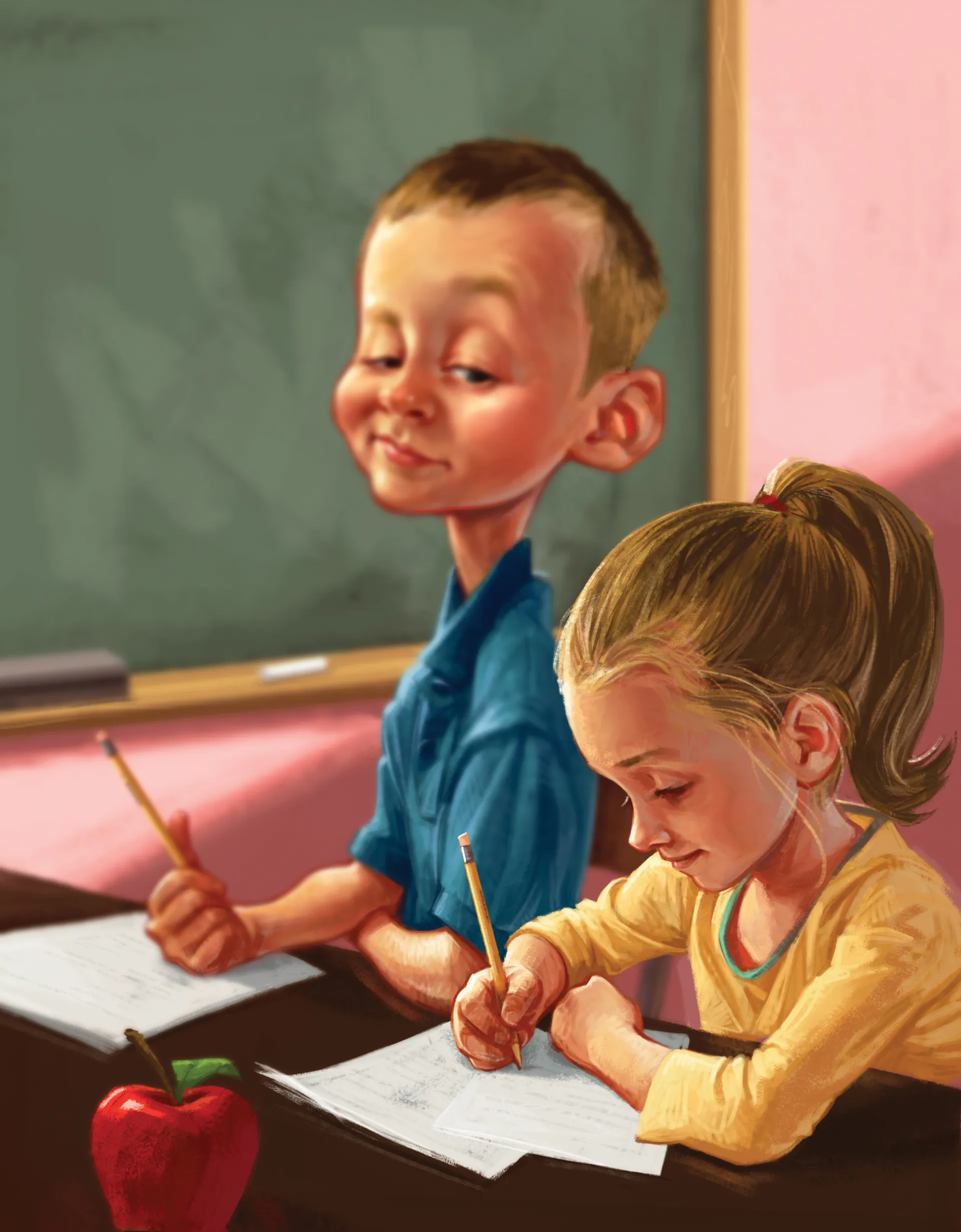 A boy looks over his shoulder and peeks at a girl’s paper during a class test.