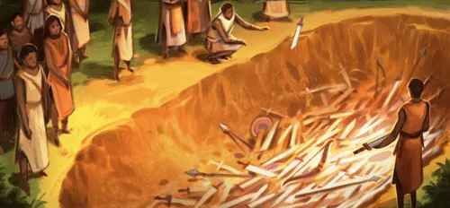 People burying their weapons in a pit