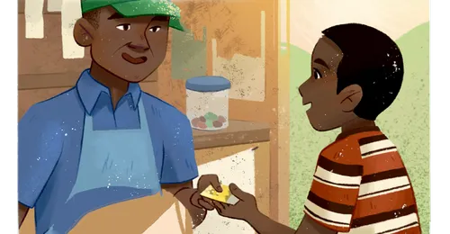 man handing boy money