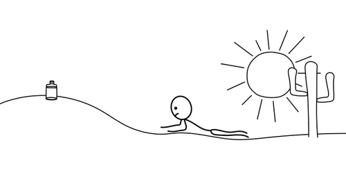 一个火柴人在沙漠中爬向一瓶水的示意图