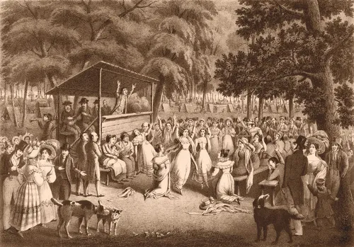 Lithograph depicting a revival or camp meeting