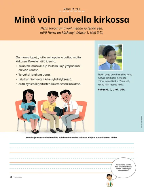 PDF-sivu, jossa lapset lukevat pyhiä kirjoituksia Alkeisyhdistyksessä, sekä rivit kirjoitustehtävää varten