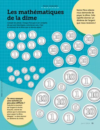 Page d’activité avec des pièces à compter