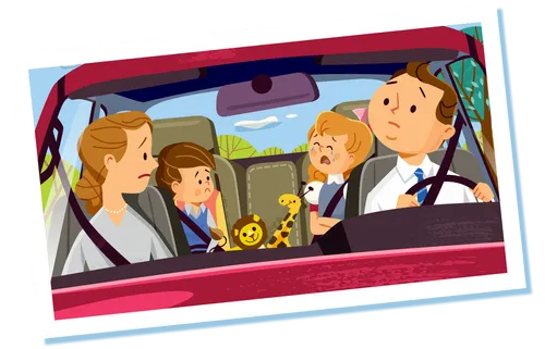 Crying girl with her family in the car