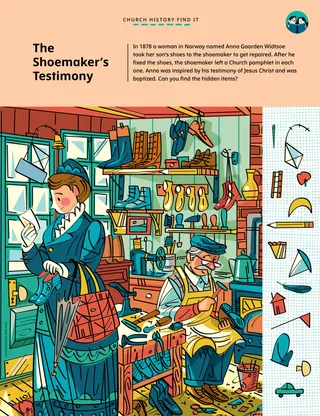 구두장이의 작업실에 있는 여성을 보여 주는 숨은그림찾기 활동