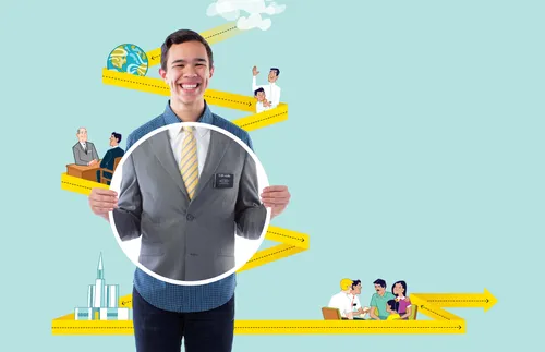 composite of 2 photos of a young man in casual clothes and him in a suit.