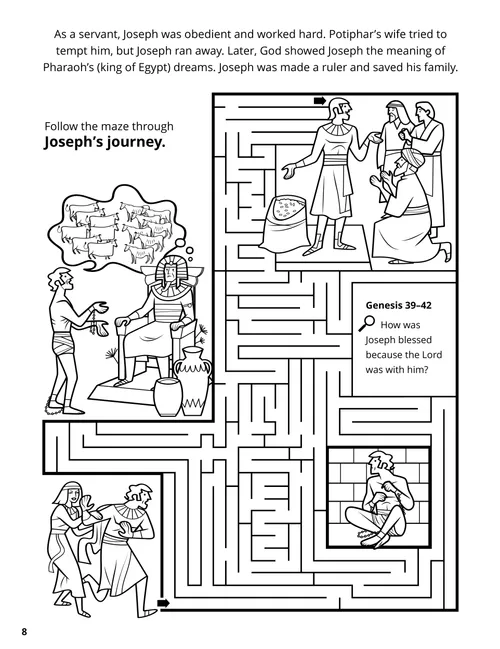 Coloring page PDF with scenes from Joseph’s life in Egypt, plus a maze activity