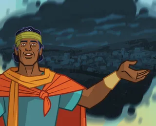 Samuel talks, and an image is behind him of a dark city