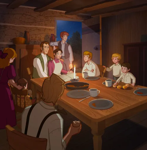 Joseph Smith’s family sitting peacefully together at the dinner table.