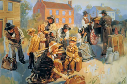 19th century LDS Church converts preparing wagons and goods in preparation for the move to Kirtland, Ohio.