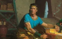The prophet Mormon transcribes the Book of Mormon in a cave
