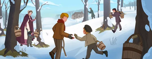 Joseph Smith and his family in New York. They work at tapping maple trees.