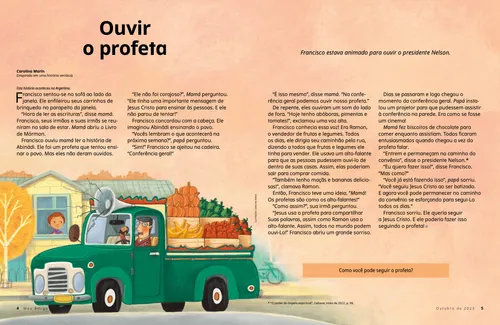 Página em PDF de um menino olhando pela janela enquanto um caminhão passa com frutas e legumes e o motorista está usando um alto-falante