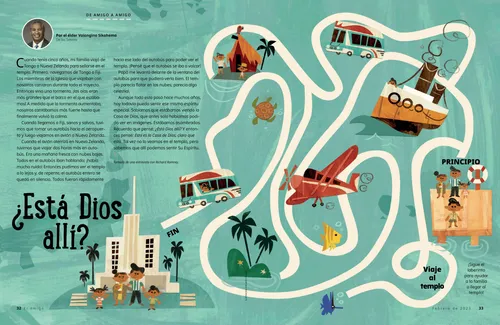 Página PDF de un laberinto con ilustraciones de una familia viajando al templo en diferentes tipos de transporte