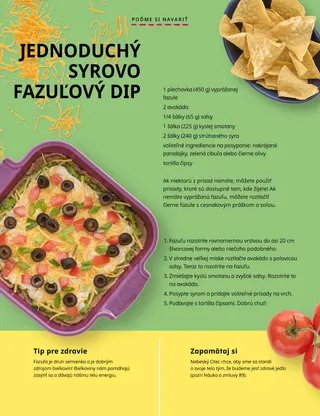 Strana PDF s miskou tortillových čipsov, formou s fazuľovým dipom a paradajkami.